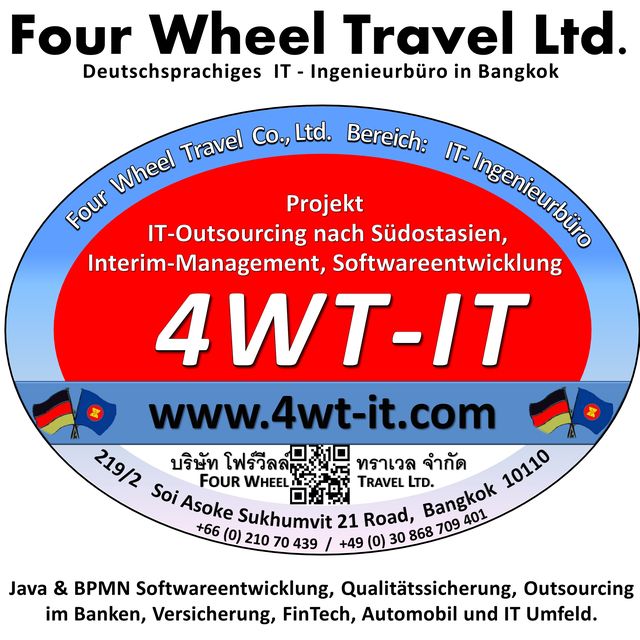 Bereich IT-SERVICE/Ingenieurbüro:4Wheel Travel ist nicht nur im Expeditionsservice tätig.Zu 80% sind wir ein IT-Ingenieurbüro für unsere deutschenKunden (Banken, Versicherungem, Börse, Telekom)Im Umfeld: Java, XSLT, WebService, BPMN, X4, FinTech, E-Commerce, IT-Outsourcing, Interim-Management, IT-Consulting ....